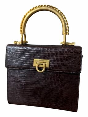 Gianfranco Ferre Dark Brown Croc-Embossed Top-Handle Satchel with Gold Hardware
